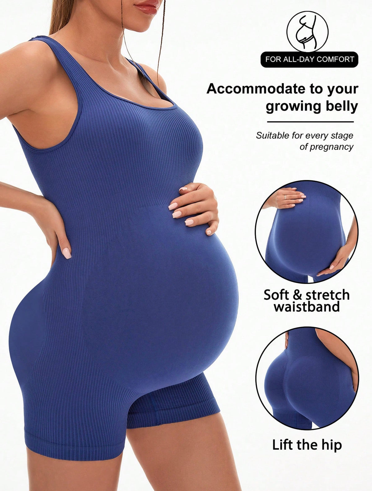 Maternity yoga bodysuit in navy worn over a pregnancy bump